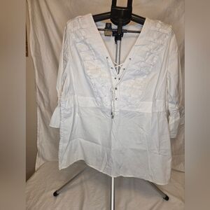 Lane Bryant White Lace-Up Ruffle V-Neck Blouse